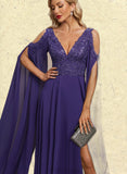 Mckenzie A-line Cold Shoulder V-Neck Floor-Length Chiffon Lace Evening Dress With Sequins UKP0021290