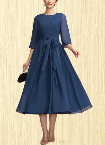 Sierra A-line Scoop Tea-Length Chiffon Cocktail Dress With Bow Ruffle UKP0021293