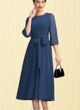 Sierra A-line Scoop Tea-Length Chiffon Cocktail Dress With Bow Ruffle UKP0021293