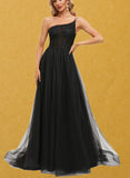 Lainey A-line One Shoulder Sweep Train Tulle Prom Dresses With Pleated UKP0021296