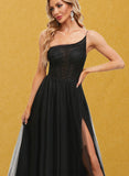 Lainey A-line One Shoulder Sweep Train Tulle Prom Dresses With Pleated UKP0021296