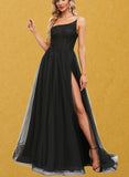 Lainey A-line One Shoulder Sweep Train Tulle Prom Dresses With Pleated UKP0021296