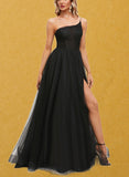 Lainey A-line One Shoulder Sweep Train Tulle Prom Dresses With Pleated UKP0021296