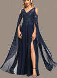 Haylie A-line Cold Shoulder V-Neck Floor-Length Chiffon Lace Evening Dress With Sequins UKP0021302