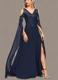 Haylie A-line Cold Shoulder V-Neck Floor-Length Chiffon Lace Evening Dress With Sequins UKP0021302