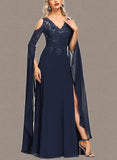 Haylie A-line Cold Shoulder V-Neck Floor-Length Chiffon Lace Evening Dress With Sequins UKP0021302