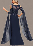 Haylie A-line Cold Shoulder V-Neck Floor-Length Chiffon Lace Evening Dress With Sequins UKP0021302