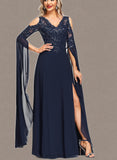 Haylie A-line Cold Shoulder V-Neck Floor-Length Chiffon Lace Evening Dress With Sequins UKP0021302