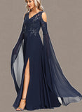 Haylie A-line Cold Shoulder V-Neck Floor-Length Chiffon Lace Evening Dress With Sequins UKP0021302