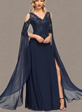 Haylie A-line Cold Shoulder V-Neck Floor-Length Chiffon Lace Evening Dress With Sequins UKP0021302