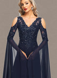 Haylie A-line Cold Shoulder V-Neck Floor-Length Chiffon Lace Evening Dress With Sequins UKP0021302