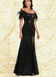 Erica Sheath/Column Scoop Floor-Length Sequin Prom Dresses With Feather Sequins UKP0021310