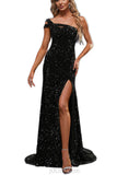 Rayne Sheath/Column One Shoulder Floor-Length Sequin Prom Dresses With Sequins UKP0021313