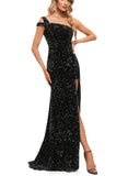 Rayne Sheath/Column One Shoulder Floor-Length Sequin Prom Dresses With Sequins UKP0021313