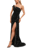 Rayne Sheath/Column One Shoulder Floor-Length Sequin Prom Dresses With Sequins UKP0021313