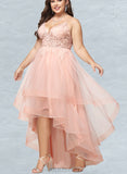 Skylar Ball-Gown/Princess V-Neck Asymmetrical Lace Tulle Prom Dresses UKP0021314