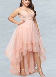 Skylar Ball-Gown/Princess V-Neck Asymmetrical Lace Tulle Prom Dresses UKP0021314