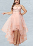 Skylar Ball-Gown/Princess V-Neck Asymmetrical Lace Tulle Prom Dresses UKP0021314