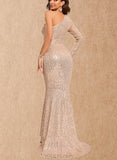 Cindy Trumpet/Mermaid One Shoulder Sweep Train Sequin Prom Dresses With Sequins UKP0021321