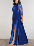 Aubrey A-line High Neck Illusion Floor-Length Lace Velvet Evening Dress With Beading Pleated Sequins UKP0021322