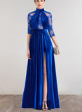 Aubrey A-line High Neck Illusion Floor-Length Lace Velvet Evening Dress With Beading Pleated Sequins UKP0021322