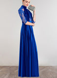 Aubrey A-line High Neck Illusion Floor-Length Lace Velvet Evening Dress With Beading Pleated Sequins UKP0021322