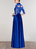 Aubrey A-line High Neck Illusion Floor-Length Lace Velvet Evening Dress With Beading Pleated Sequins UKP0021322