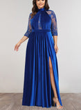 Aubrey A-line High Neck Illusion Floor-Length Lace Velvet Evening Dress With Beading Pleated Sequins UKP0021322