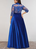 Aubrey A-line High Neck Illusion Floor-Length Lace Velvet Evening Dress With Beading Pleated Sequins UKP0021322