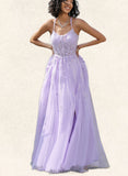 Isis Ball-Gown/Princess Scoop Sweep Train Lace Tulle Prom Dresses With Sequins UKP0021325