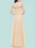 Clarissa A-line Scoop Floor-Length Chiffon Tulle Prom Dresses With Beading Flower Ruffle UKP0021326