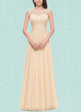 Clarissa A-line Scoop Floor-Length Chiffon Tulle Prom Dresses With Beading Flower Ruffle UKP0021326