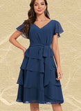 Cheryl A-line V-Neck Knee-Length Chiffon Cocktail Dress With Ruffle UKP0021338