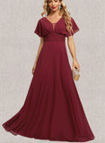 Macey A-line V-Neck Floor-Length Chiffon Evening Dress With Pleated UKP0021344