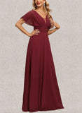 Macey A-line V-Neck Floor-Length Chiffon Evening Dress With Pleated UKP0021344