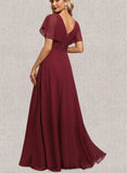 Macey A-line V-Neck Floor-Length Chiffon Evening Dress With Pleated UKP0021344