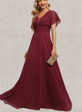 Macey A-line V-Neck Floor-Length Chiffon Evening Dress With Pleated UKP0021344