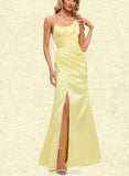 Dayana Sheath/Column One Shoulder Floor-Length Satin Prom Dresses With Pleated UKP0021350