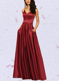 Ryleigh A-line V-Neck Floor-Length Satin Evening Dress UKP0021351