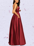 Ryleigh A-line V-Neck Floor-Length Satin Evening Dress UKP0021351