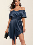 Kiley Sheath/Column Off the Shoulder Asymmetrical Silky Satin Cocktail Dress With Pleated UKP0021355