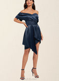 Kiley Sheath/Column Off the Shoulder Asymmetrical Silky Satin Cocktail Dress With Pleated UKP0021355