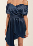 Kiley Sheath/Column Off the Shoulder Asymmetrical Silky Satin Cocktail Dress With Pleated UKP0021355