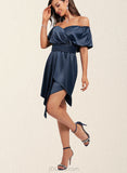 Kiley Sheath/Column Off the Shoulder Asymmetrical Silky Satin Cocktail Dress With Pleated UKP0021355