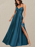 Aimee A-line V-Neck Floor-Length Silky Satin Prom Dresses UKP0021356