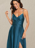 Aimee A-line V-Neck Floor-Length Silky Satin Prom Dresses UKP0021356