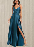 Aimee A-line V-Neck Floor-Length Silky Satin Prom Dresses UKP0021356