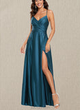 Aimee A-line V-Neck Floor-Length Silky Satin Prom Dresses UKP0021356