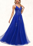 Katherine A-line V-Neck Floor-Length Tulle Prom Dresses With Sequins UKP0021364