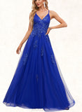 Katherine A-line V-Neck Floor-Length Tulle Prom Dresses With Sequins UKP0021364